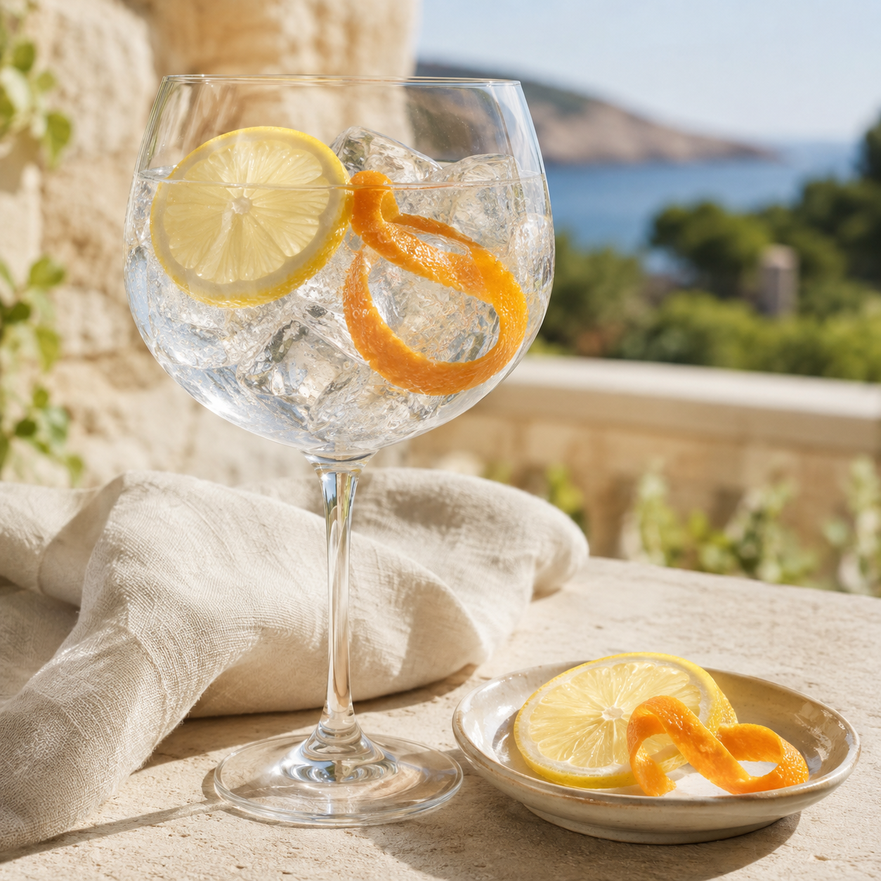 Palma Citrus Gin served with Fever-Tree Mediterranean Tonic Water, garnished with Thin lemon wheel and Curled mandarin peel