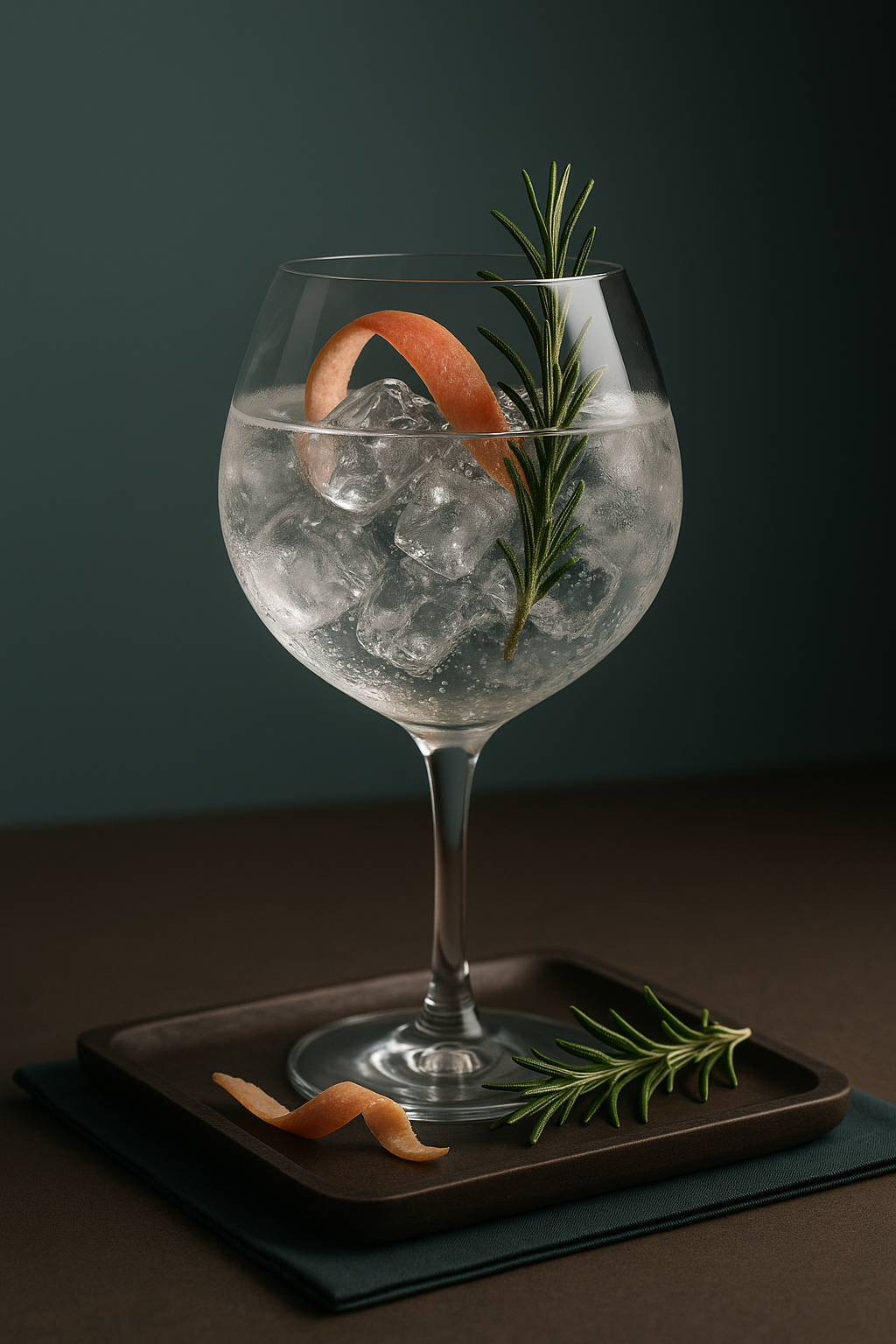 An Dúlamán Irish Maritime Gin served with East Imperial Burma Tonic Water, garnished with Pink Grapefruit Peel and Fresh Rosemary