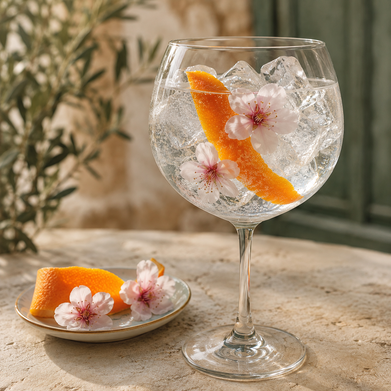 Palma Gin served with Fever-Tree Mediterranean Tonic Water, garnished with Broad orange peel and Edible almond blossoms