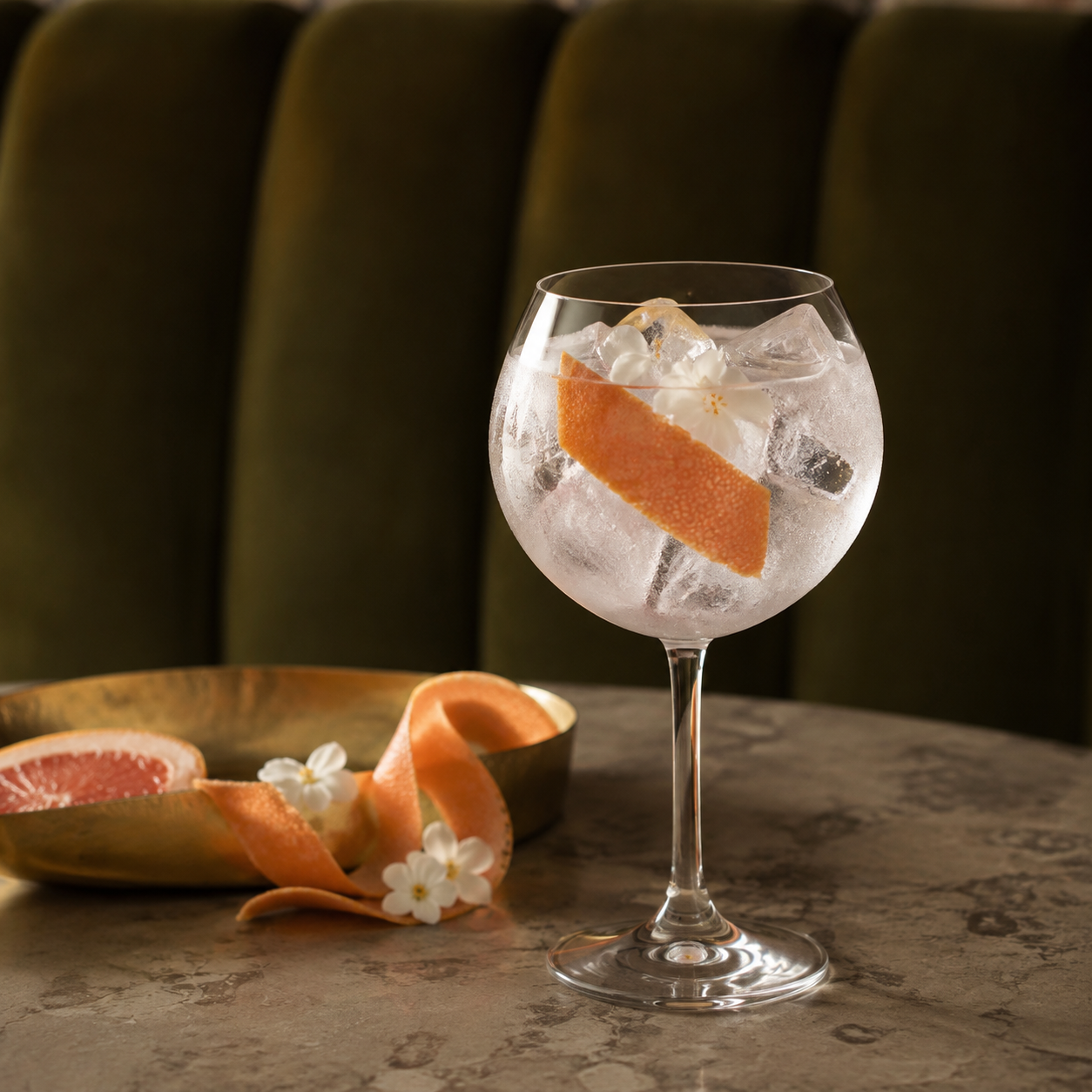 Gin TONIK served with Fever-Tree Indian Tonic Water, garnished with Grapefruit peel and Edible white flower