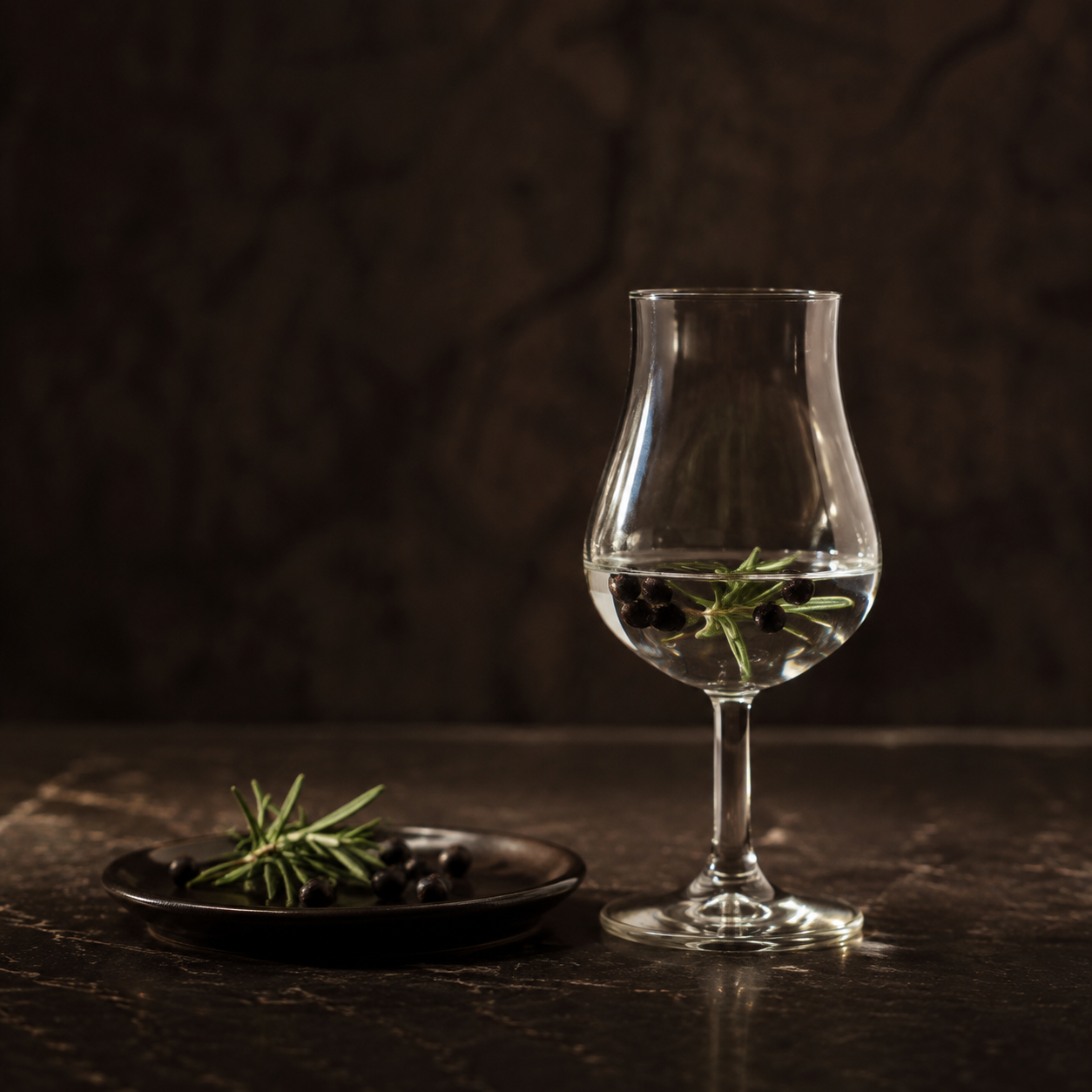 Gil Torbato Italiano served, garnished with Juniper berries and Rosemary sprig