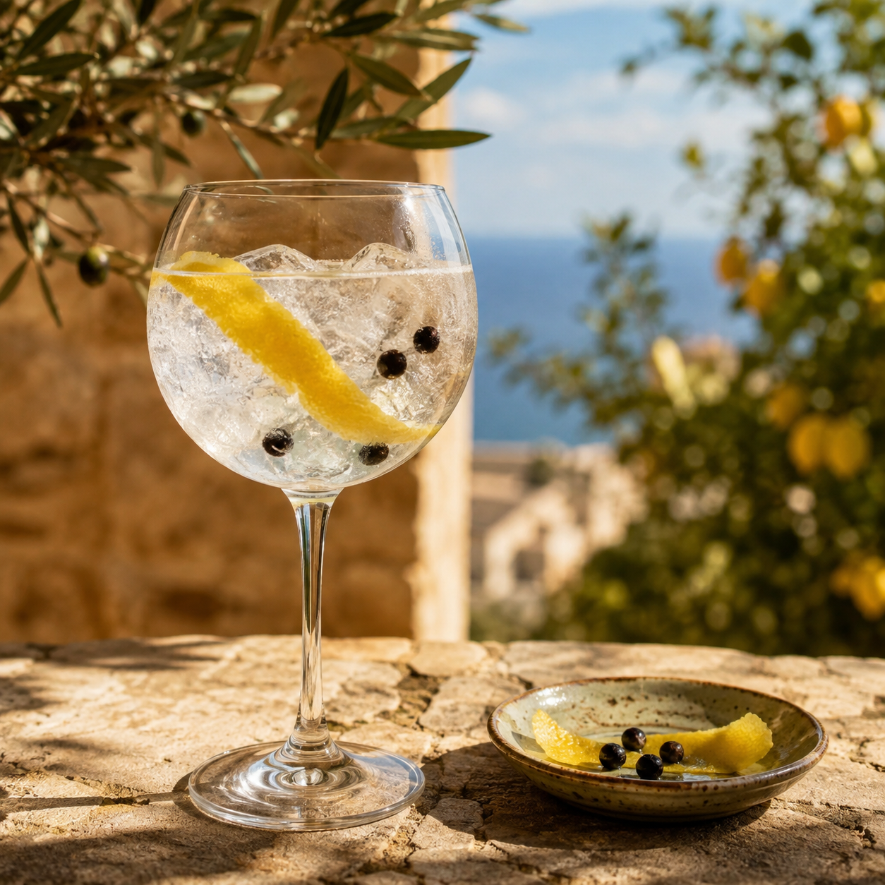 Gil The Authentic Rural Gin served with Fever-Tree Mediterranean Tonic Water, garnished with Long lemon peel and Juniper berries