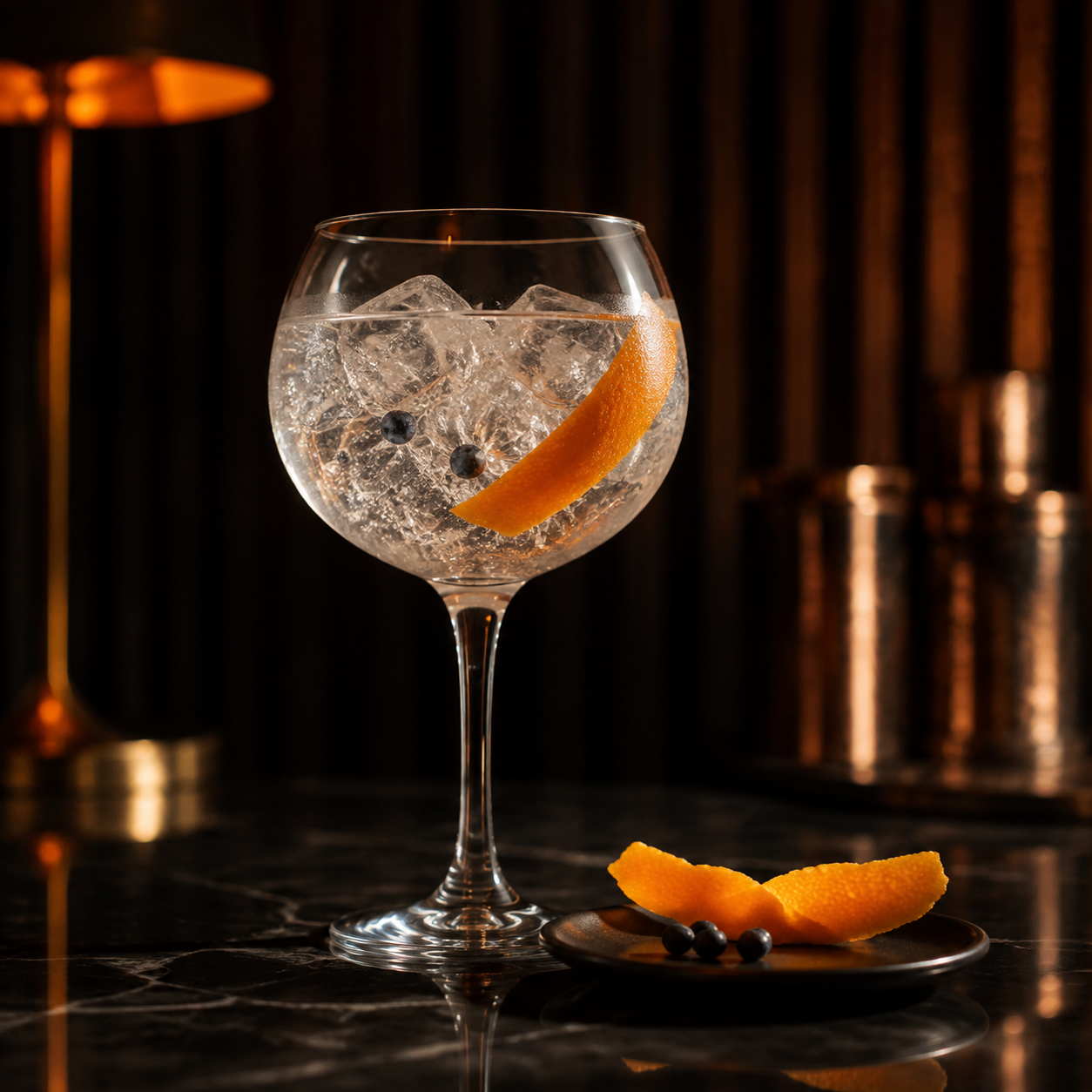 Bordiga Gin Smoke servi avec Fever-Tree Indian Tonic Water, agrémenté de Orange peel et Juniper berries