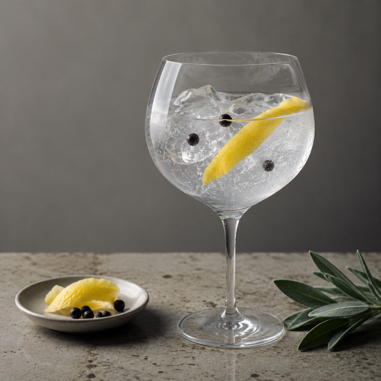 Bordiga Gin Dry served with Fever-Tree Indian Tonic Water, garnished with Lemon peel and Juniper berries