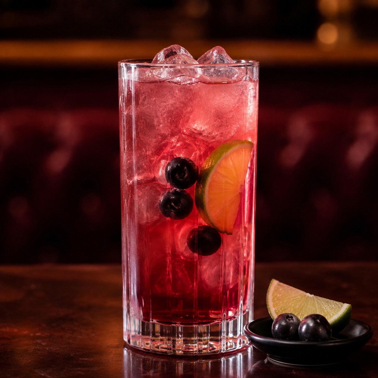 Kapriol Sloe Gin served with Quality premium lemonade, garnished with Lime wedge and Ripe sloe berries