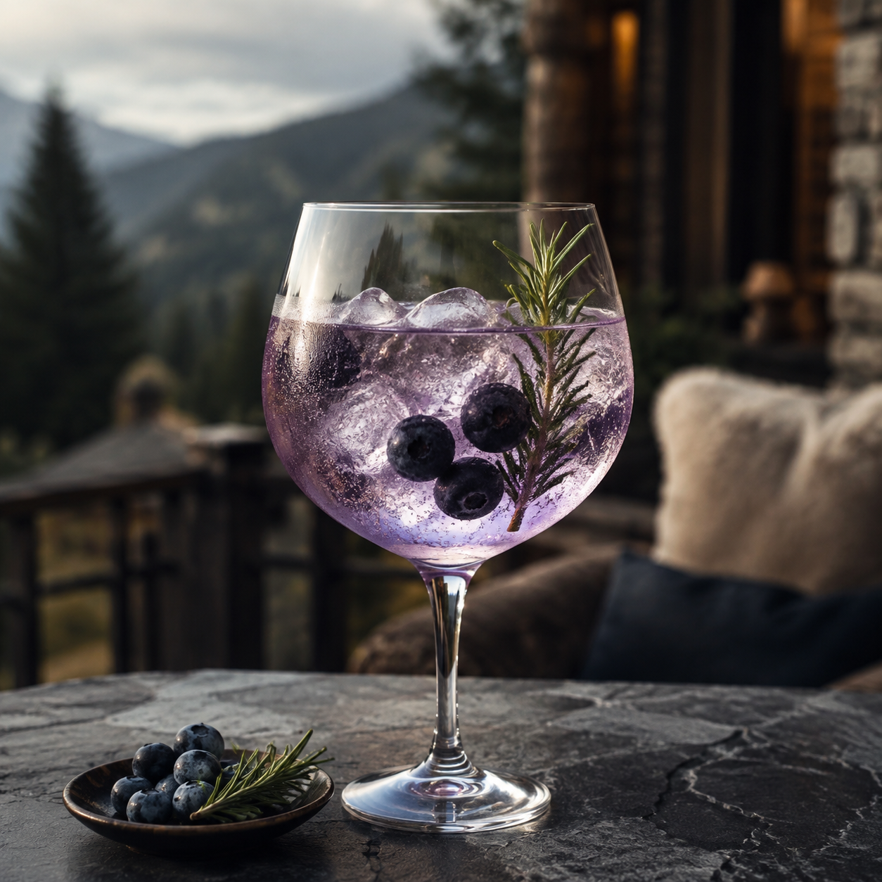 Kapriol Blueberries Gin served with &T Blueberry Tonic Water, garnished with Ripe blueberries and Rosemary sprig