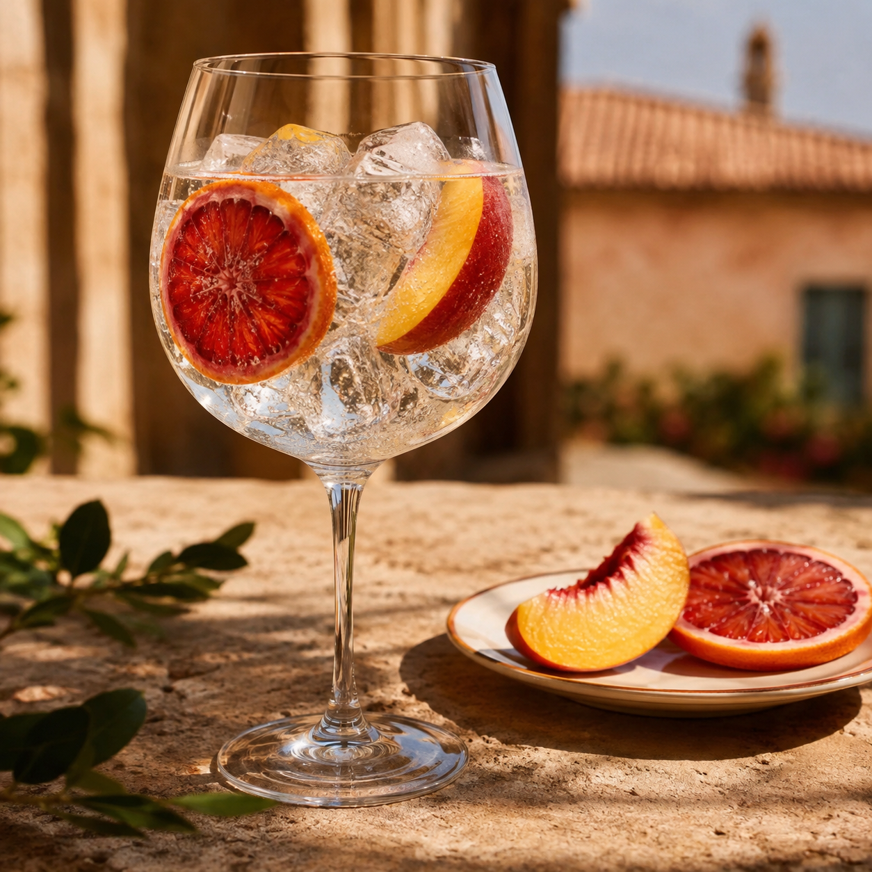 Kapriol Blood Orange & Peach Gin servi avec Fever-Tree Naturally Light Tonic Water, agrémenté de Blood-orange wheel et Fresh peach slices