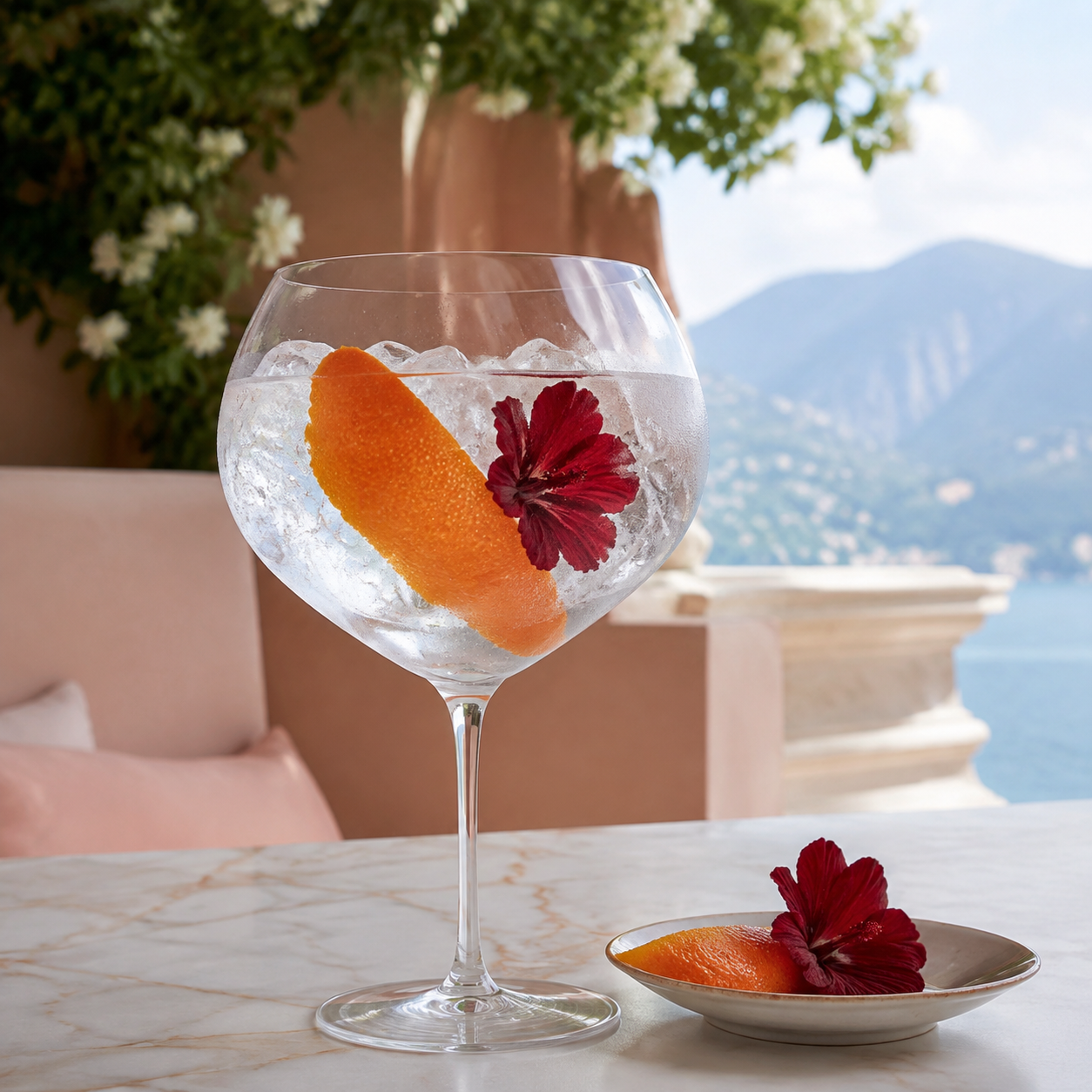 Kapriol Grapefruit & Hibiscus Gin served with Fever-Tree Naturally Light Tonic Water, garnished with Orange peel and Edible hibiscus flower