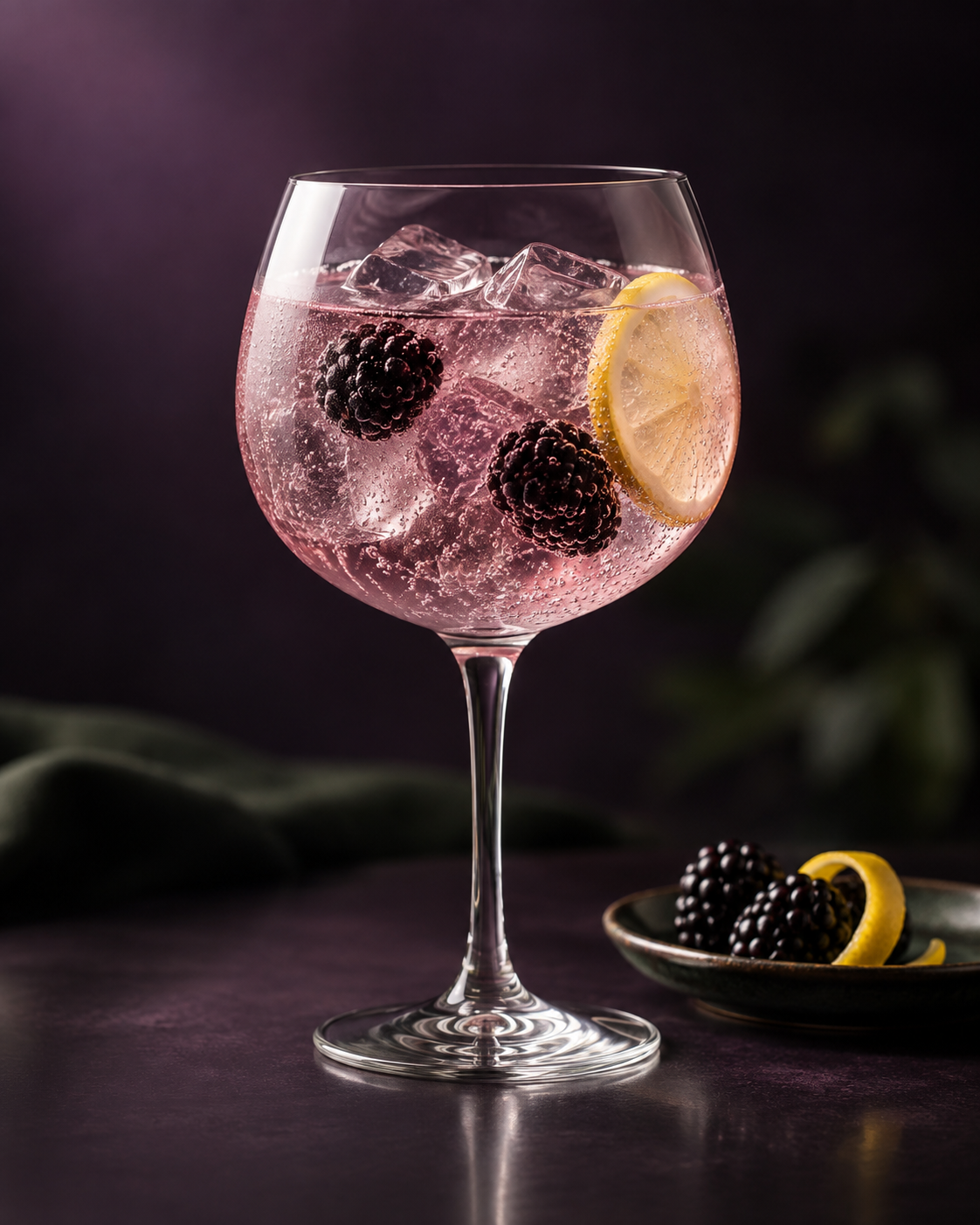 Bath Botanics Blackberry Fruit Gin served with Fever-Tree Indian Tonic Water, garnished with Fresh blackberries and lemon slice