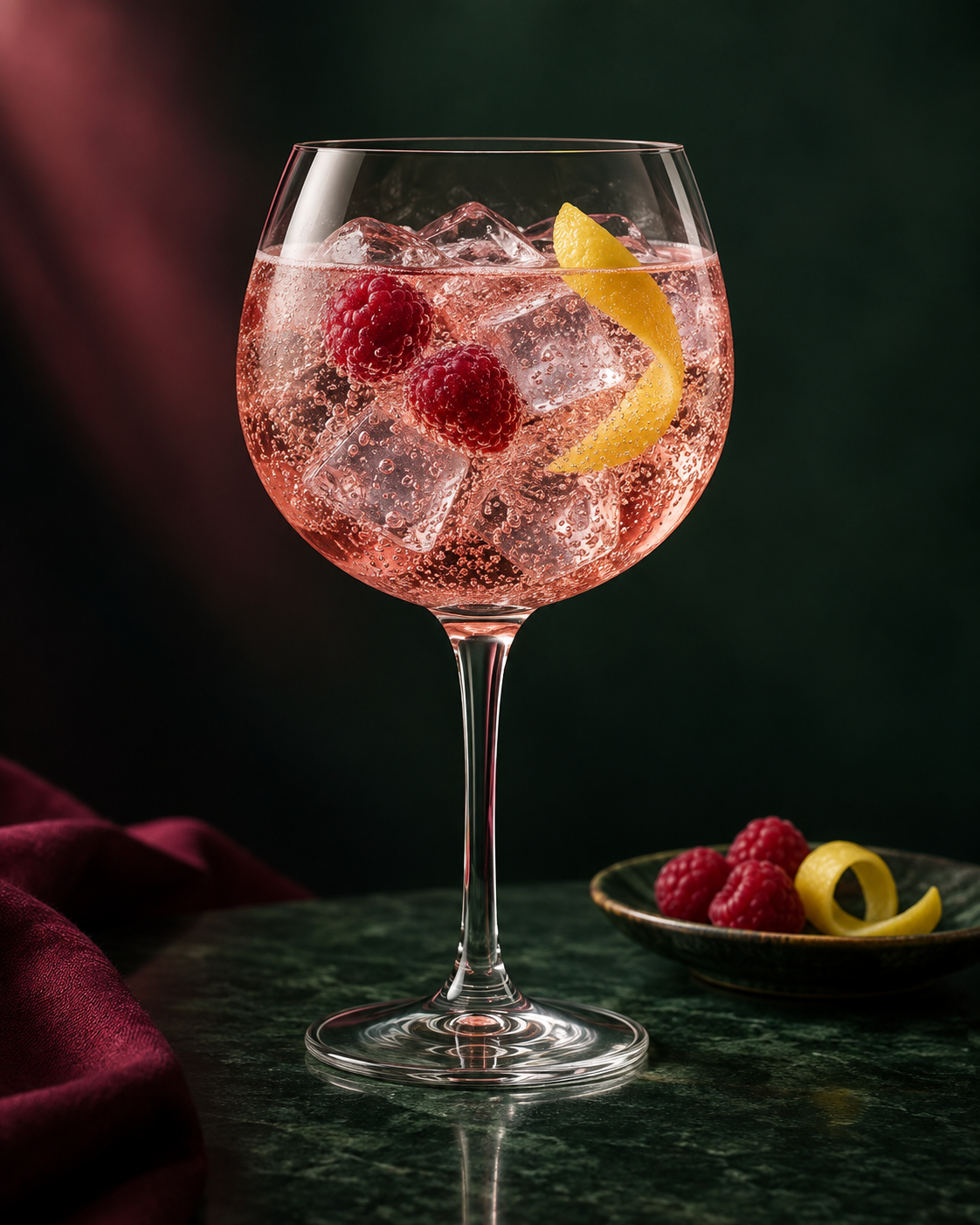 Bath Botanics Raspberry Fruit Gin served with Fever-Tree Elderflower Tonic Water, garnished with Fresh raspberries and lemon peel