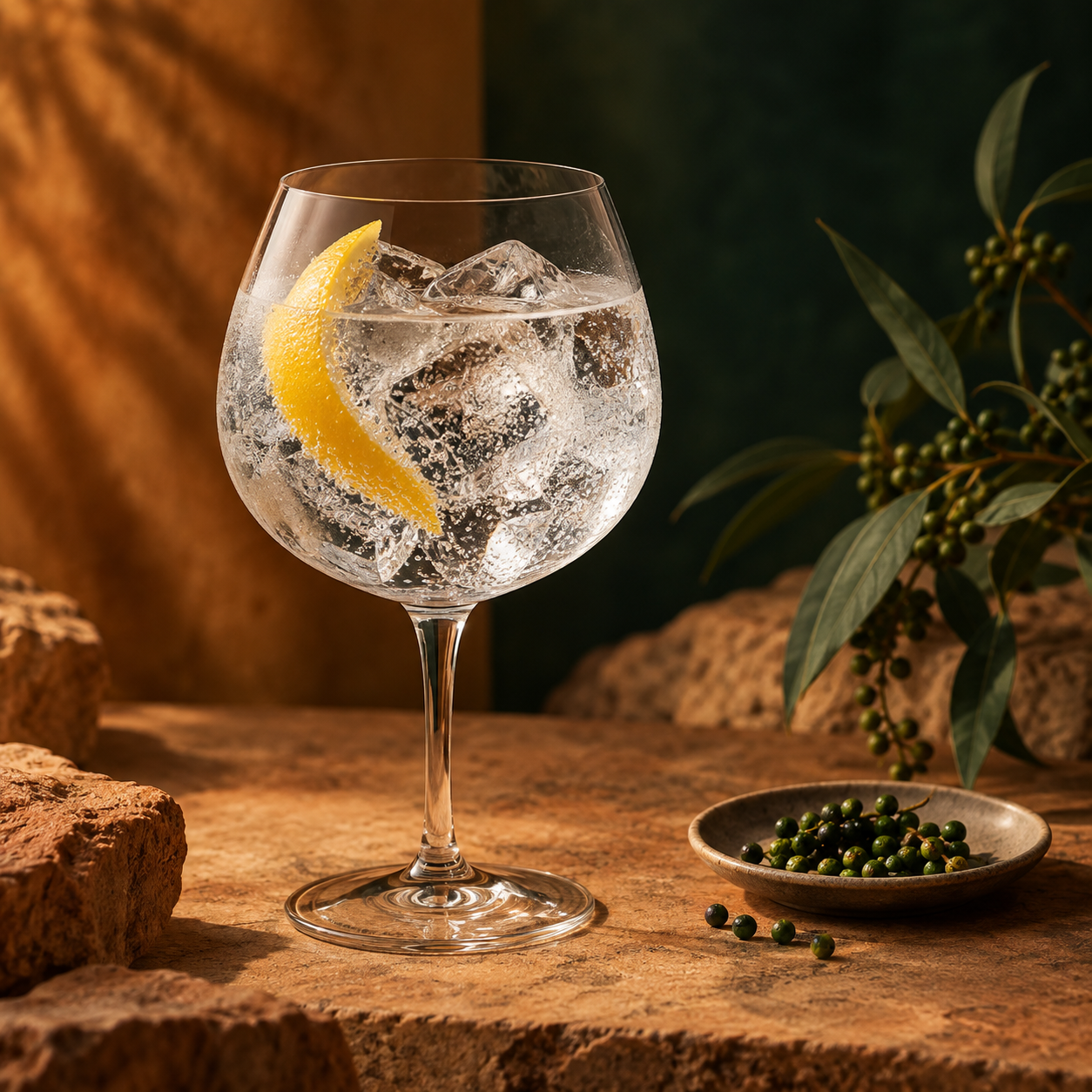 Seven Seasons Green Ant Gin served with Fever-Tree Indian Tonic Water, garnished with Lemon peel