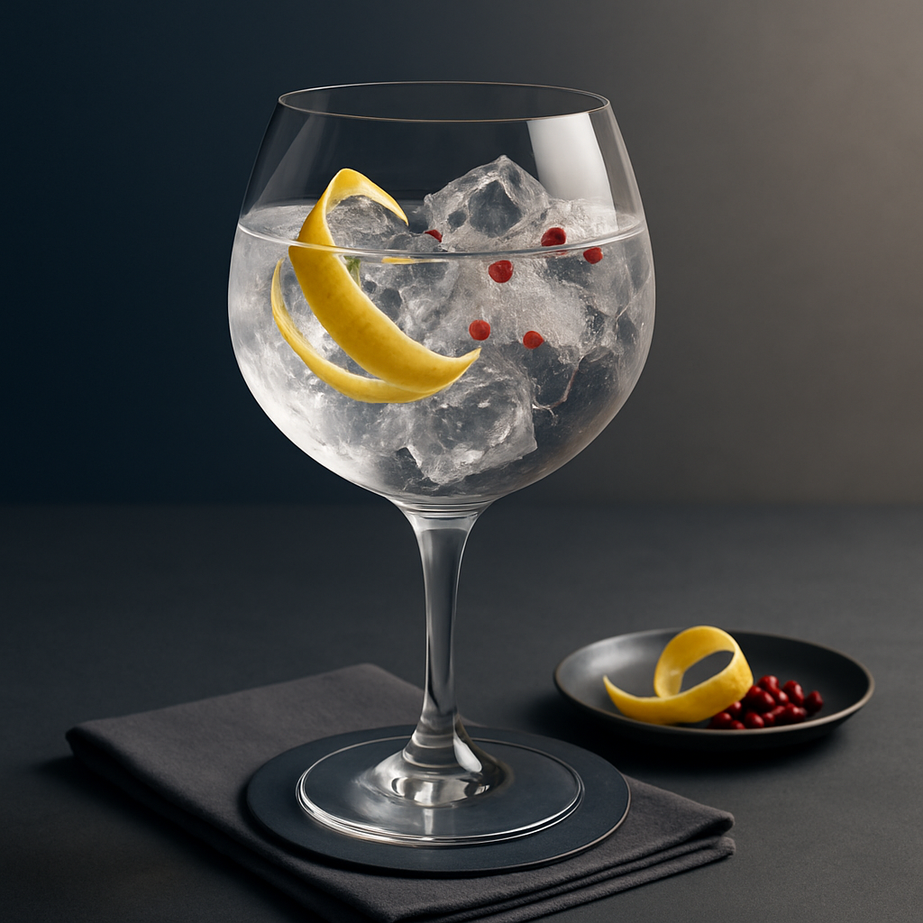 An Dúlamán Memories of Asia served with East Imperial Yuzu Tonic, garnished with Lemon peel and Pink peppercorns