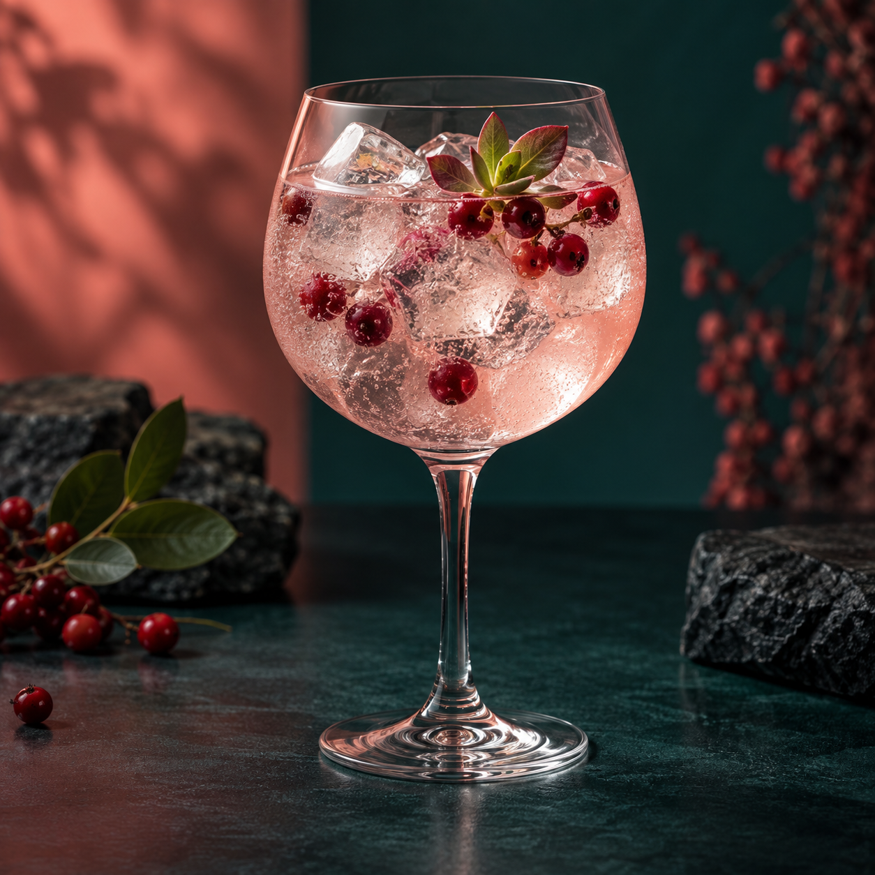 Applewood Coral Gin served with Fever-Tree Indian Tonic Water, garnished with Red berries