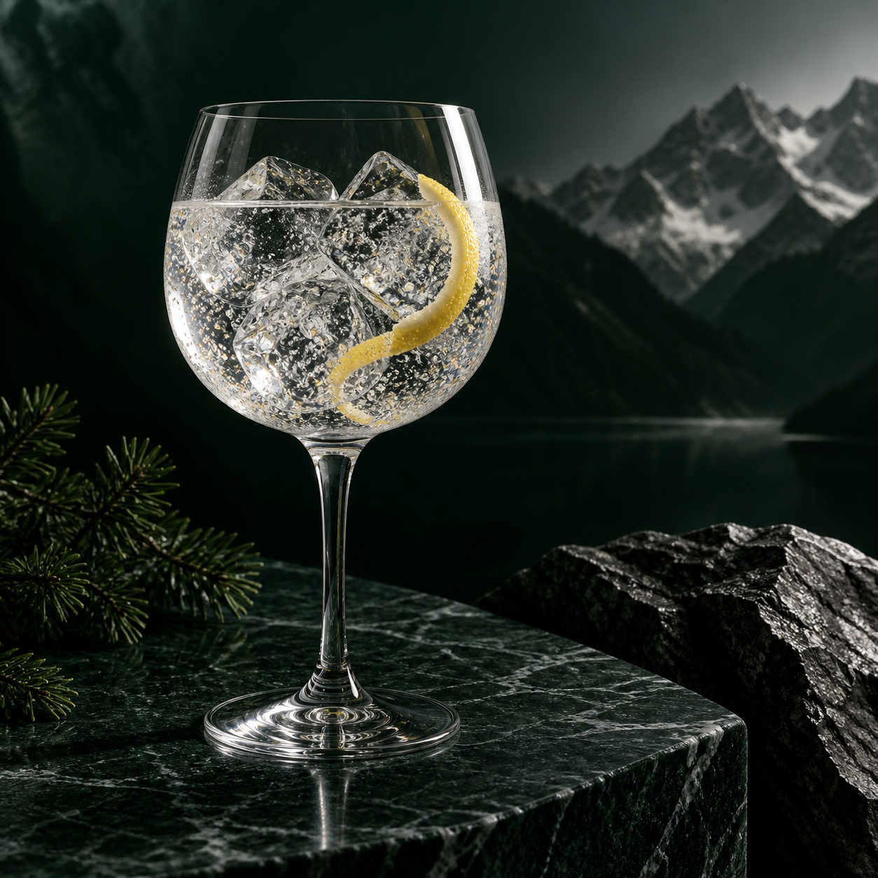 Applewood Alpine Gin served with Fever-Tree Indian Tonic Water, garnished with Lemon peel
