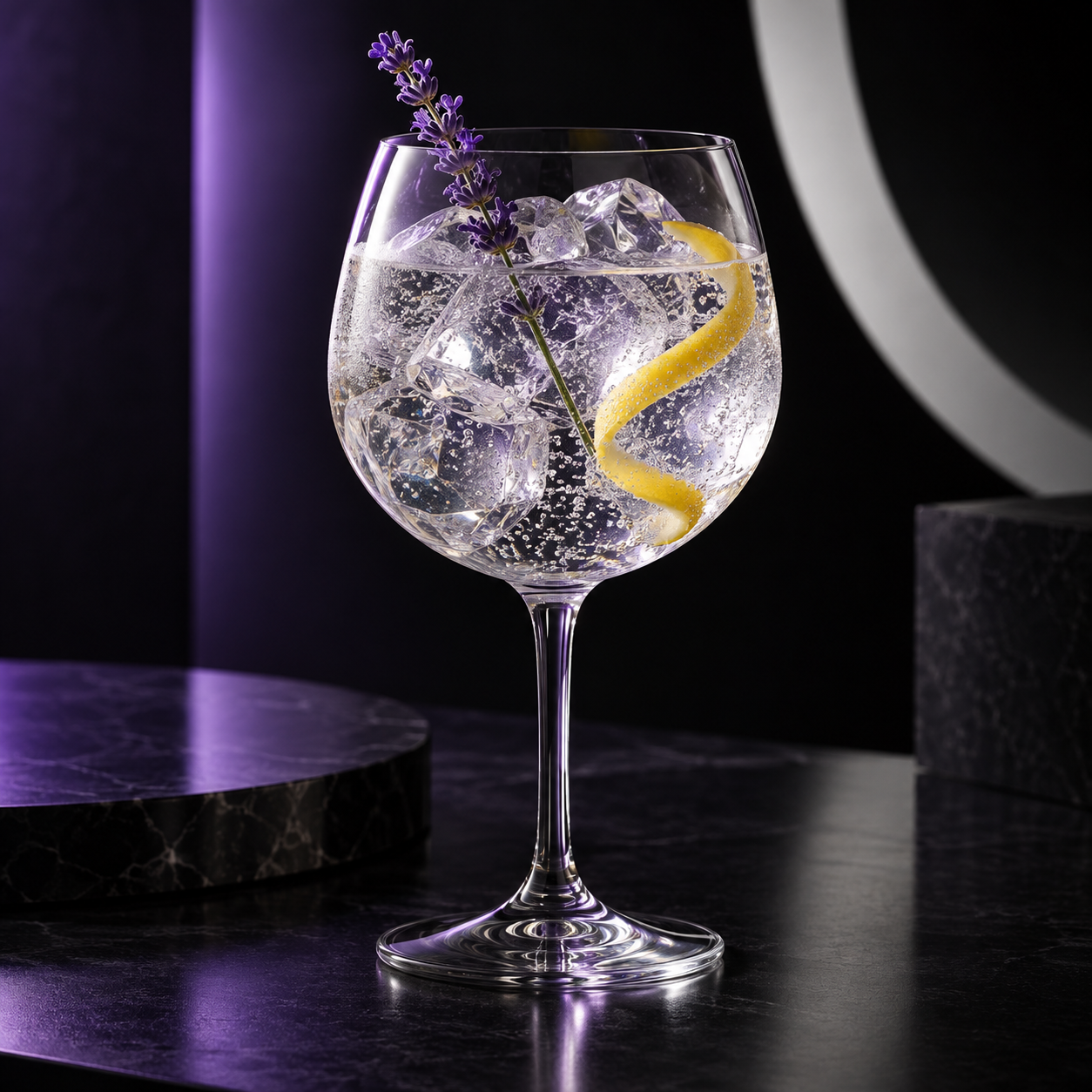 Zebra Gin served with Fever-Tree Indian Tonic Water, garnished with Lavender flower