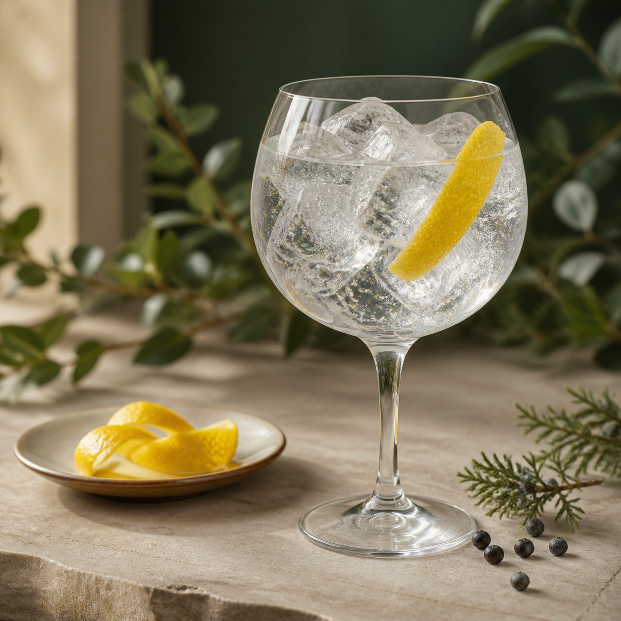Woodacre Gin served with Fever-Tree Indian Tonic Water, garnished with Lemon peel