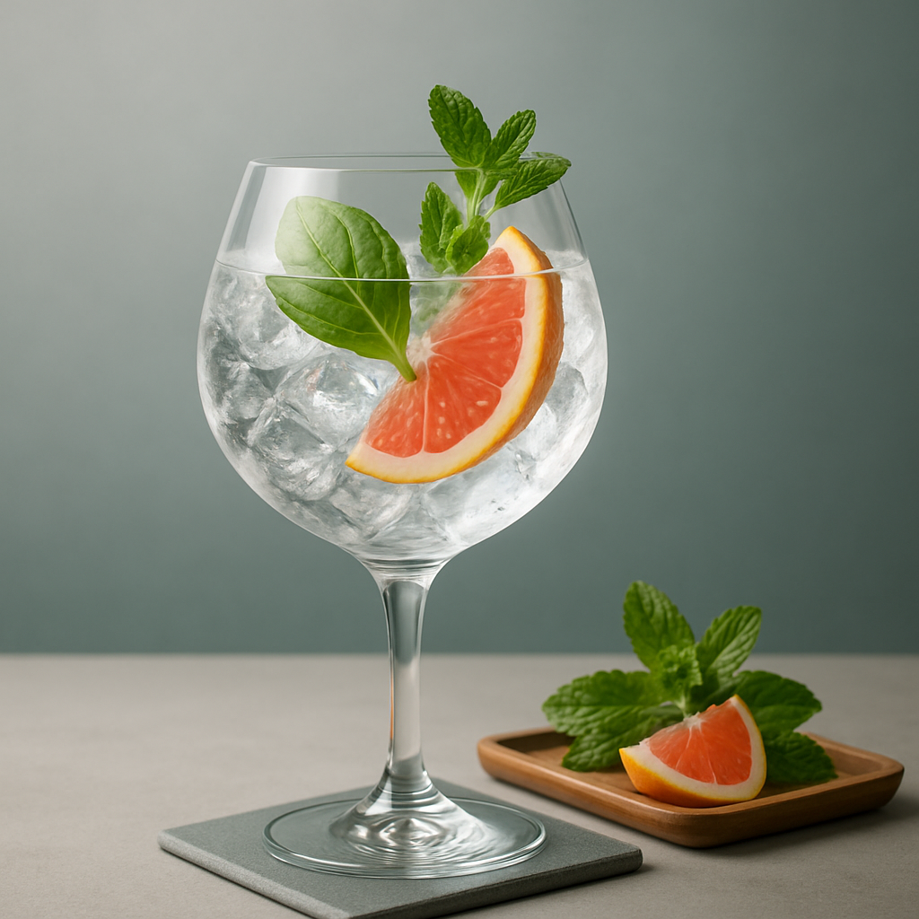 Glendalough Wild Botanical Gin servi avec Thomas Henry Tonic Water, agrémenté de Grapefruit Wedge et Basil Leaf
