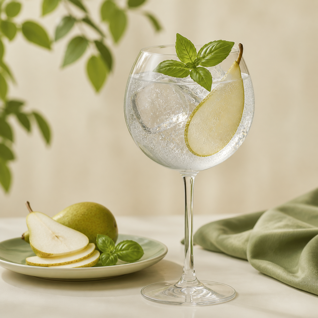 Terra Nova Gin served with Fever-Tree Indian Tonic Water, garnished with Pear slice