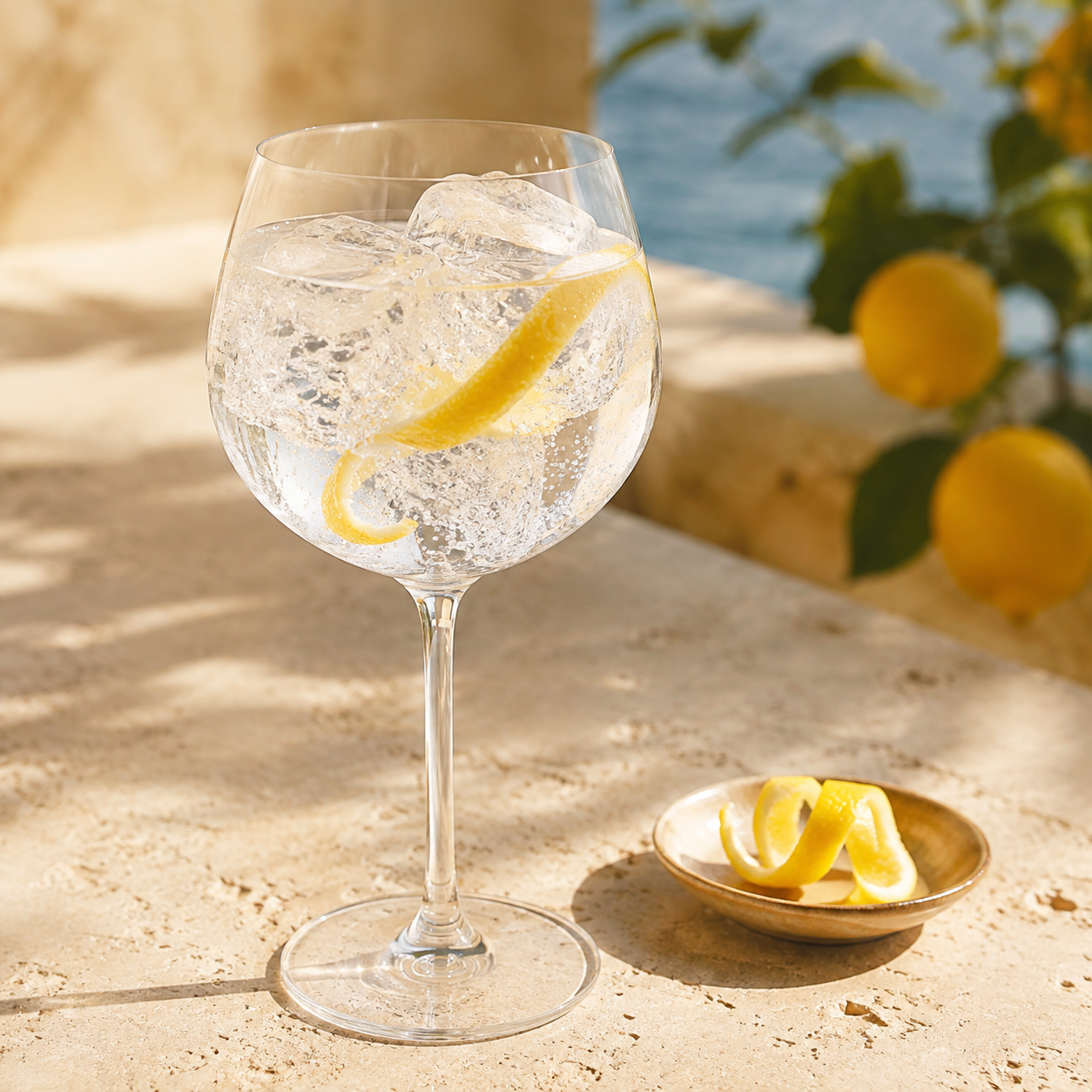 Mascori Gin served with Fever-Tree Indian Tonic Water, garnished with Lemon peel