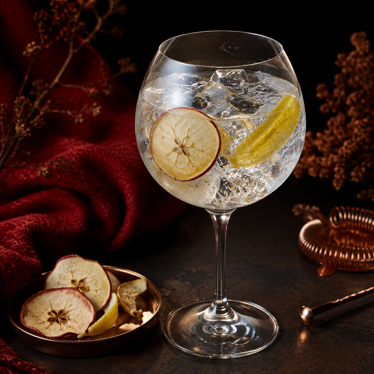 Corpen Gin Mestral served with Fever-Tree Indian Tonic Water, garnished with Apple slice