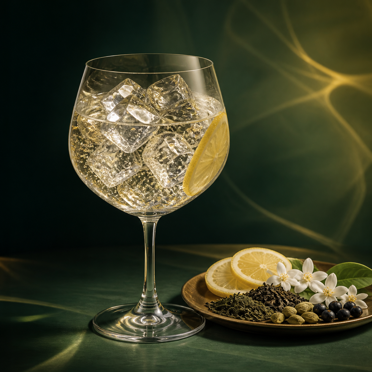 Jasmine Tea Gin served with Fever-Tree Indian Tonic Water, garnished with Lemon peel