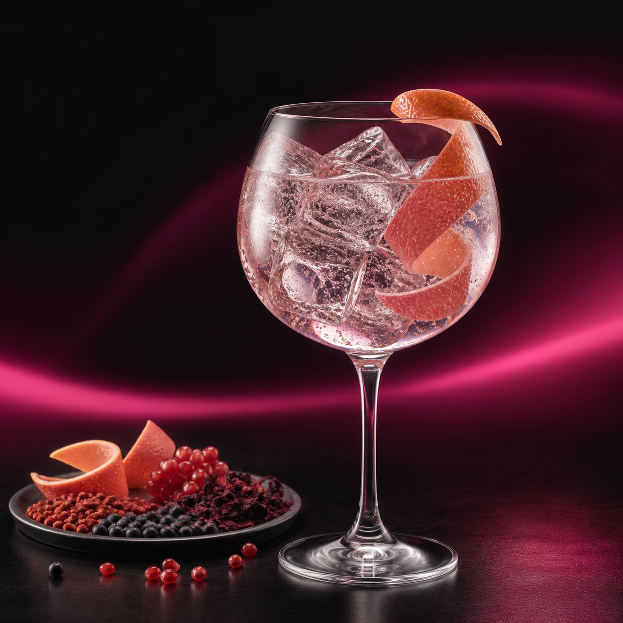 Heart of Scotland Pink Gin served with Fever-Tree Indian Tonic Water, garnished with Fresh raspberries