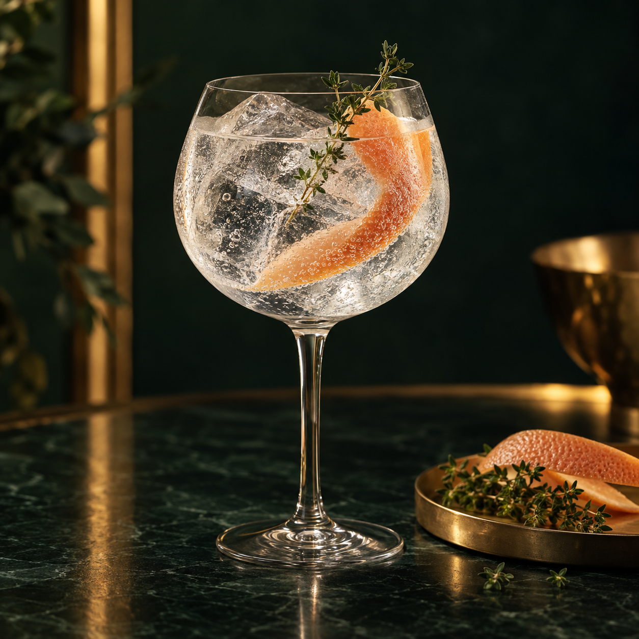 Gin Mosan served with Fever-Tree Indian Tonic Water, garnished with Grapefruit peel