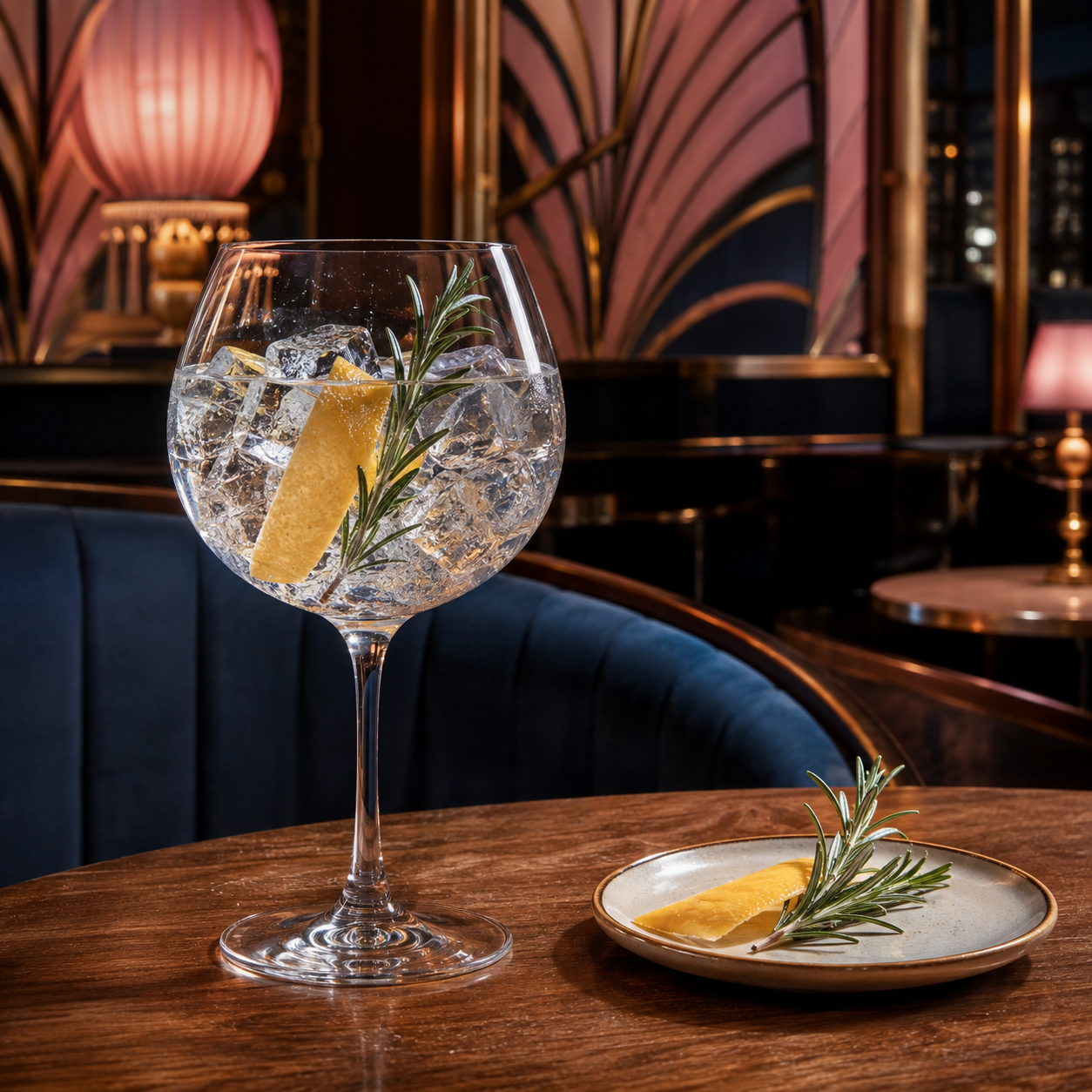 Applaus Stuttgart Dry Gin served with Fever-Tree Mediterranean Tonic Water, garnished with Rosemary sprig and Lemon peel
