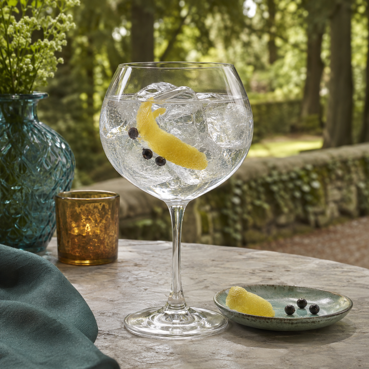 Maredsous Aéquatis Organic Gin served with Fever-Tree Mediterranean Tonic Water, garnished with Lemon peel and Juniper berries
