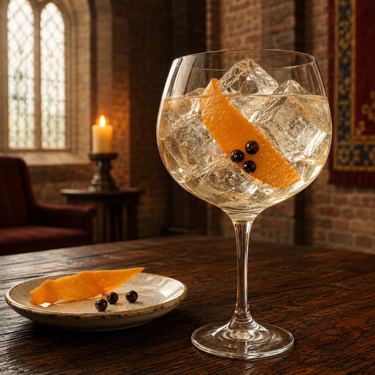 Maredsous Invictus Organic Gin served with Fever-Tree Indian Tonic Water, garnished with Orange peel and Juniper berries