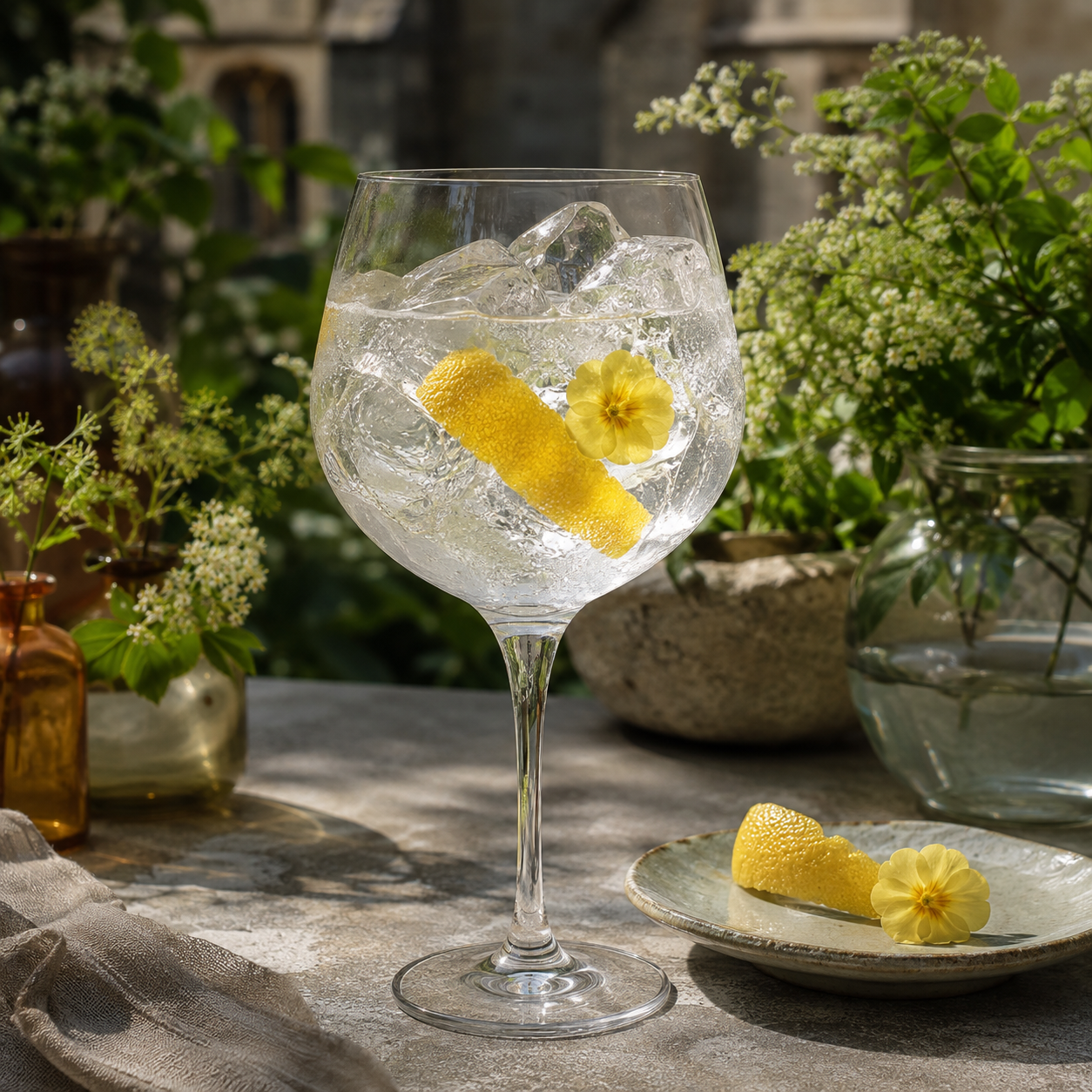 Maredsous Valéo Organic Gin served with Fever-Tree Elderflower Tonic Water, garnished with Lemon peel and Edible primrose flower