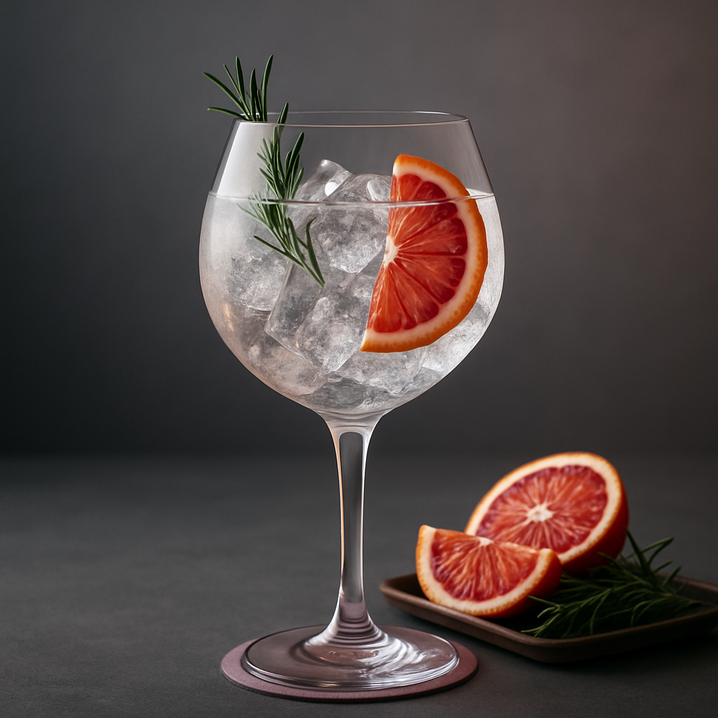 MOM Gin served with Thomas Henry Tonic Water, garnished with Fresh Rosemary and Blood Orange Slice