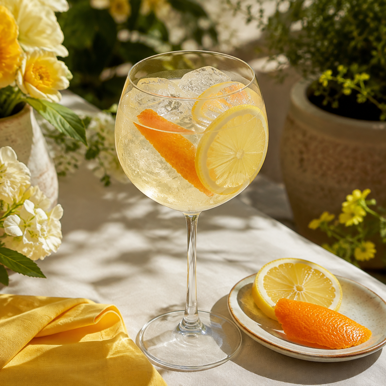 Clover Limonetta served with Fever-Tree Mediterranean Tonic Water, garnished with Lemon wheel and Clementine peel