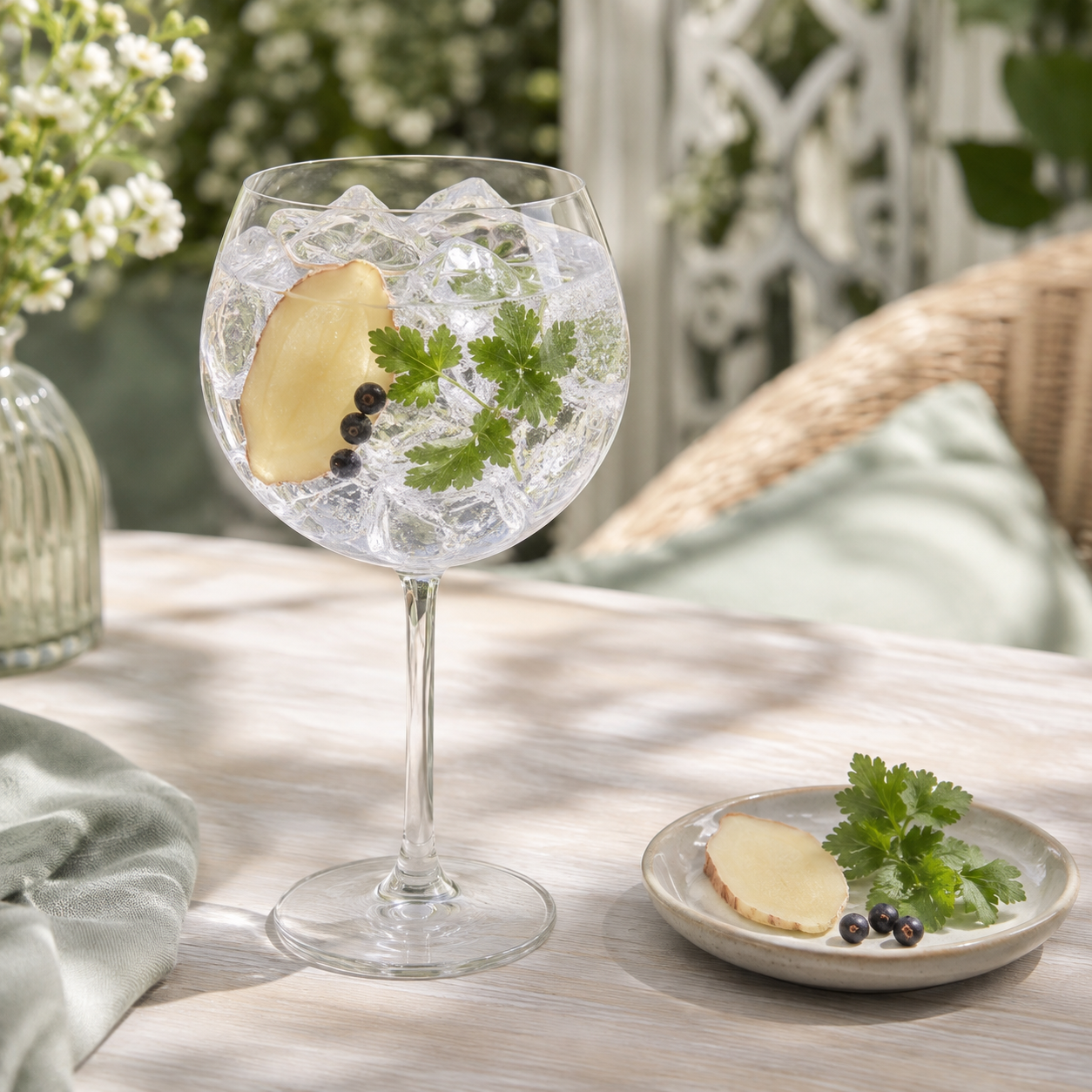 Clover Gin Original served with Fever-Tree Indian Tonic Water, garnished with Ginger slice and Coriander leaves