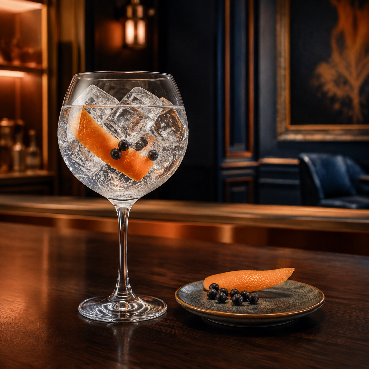 Martin Miller's Westbourne Gin served with Fever-Tree Indian Tonic Water, garnished with Orange peel and Juniper berries