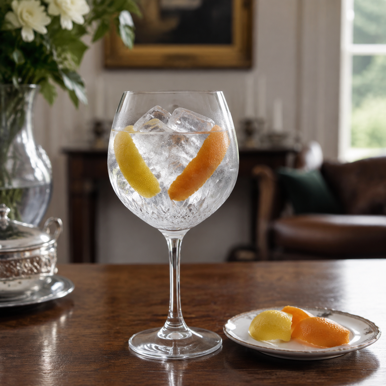 Martin Miller's Original Gin served with Fever-Tree Indian Tonic Water, garnished with Lemon peel and Orange peel