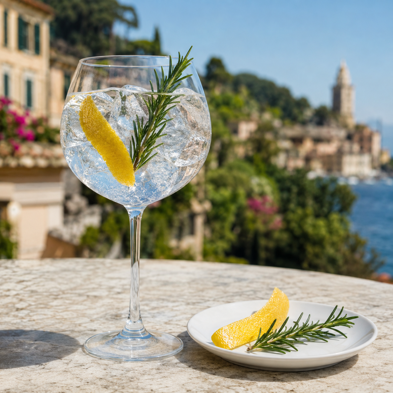Portofino Dry Gin served with Fever-Tree Mediterranean Tonic Water, garnished with Lemon peel and Rosemary sprig