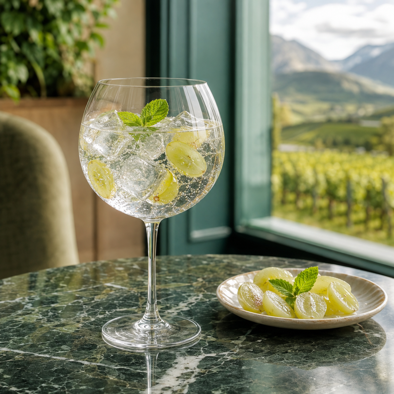 Marconi 46 served with Fever-Tree Indian Tonic Water, garnished with Mint sprig and Muscat grapes