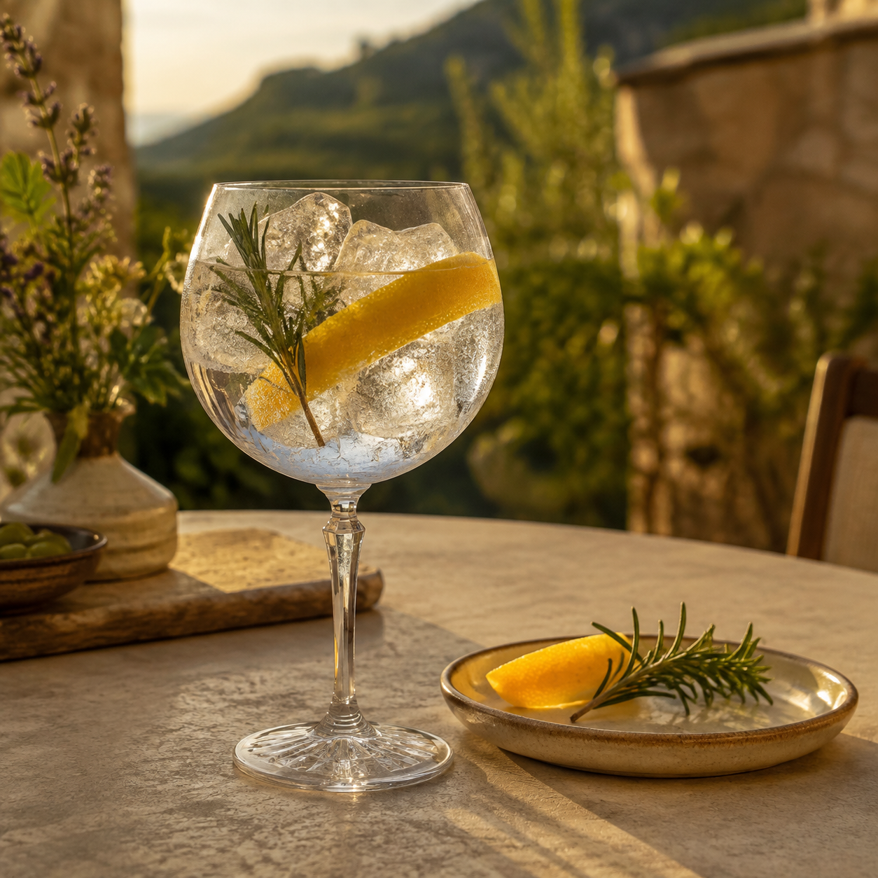 Marconi 42 served with Fever-Tree Mediterranean Tonic Water, garnished with Rosemary sprig and Lemon peel