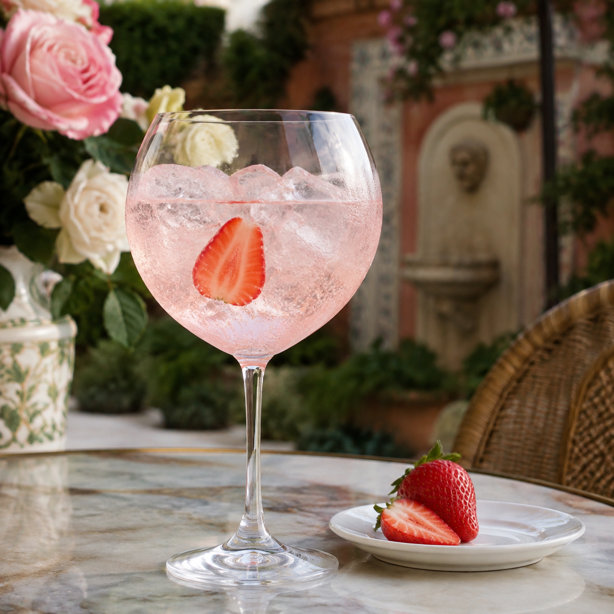 Larios Rosé served with Fever-Tree Indian Tonic Water, garnished with Strawberry slice