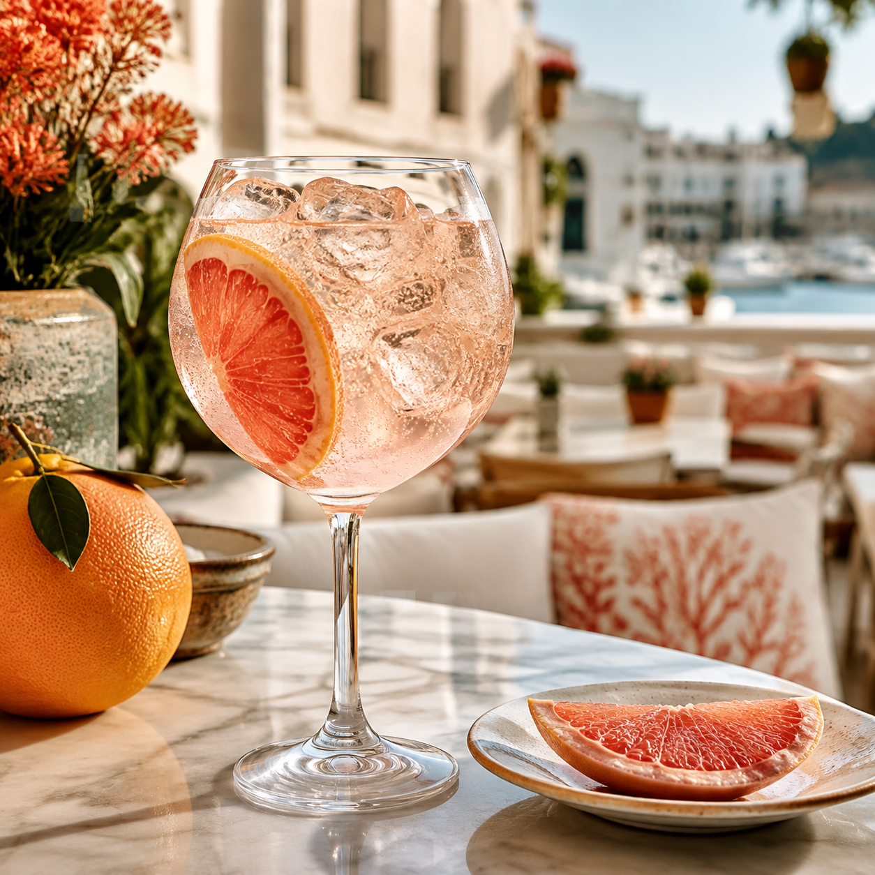 Larios Pomelo served with Fever-Tree Indian Tonic Water, garnished with Pink grapefruit slice