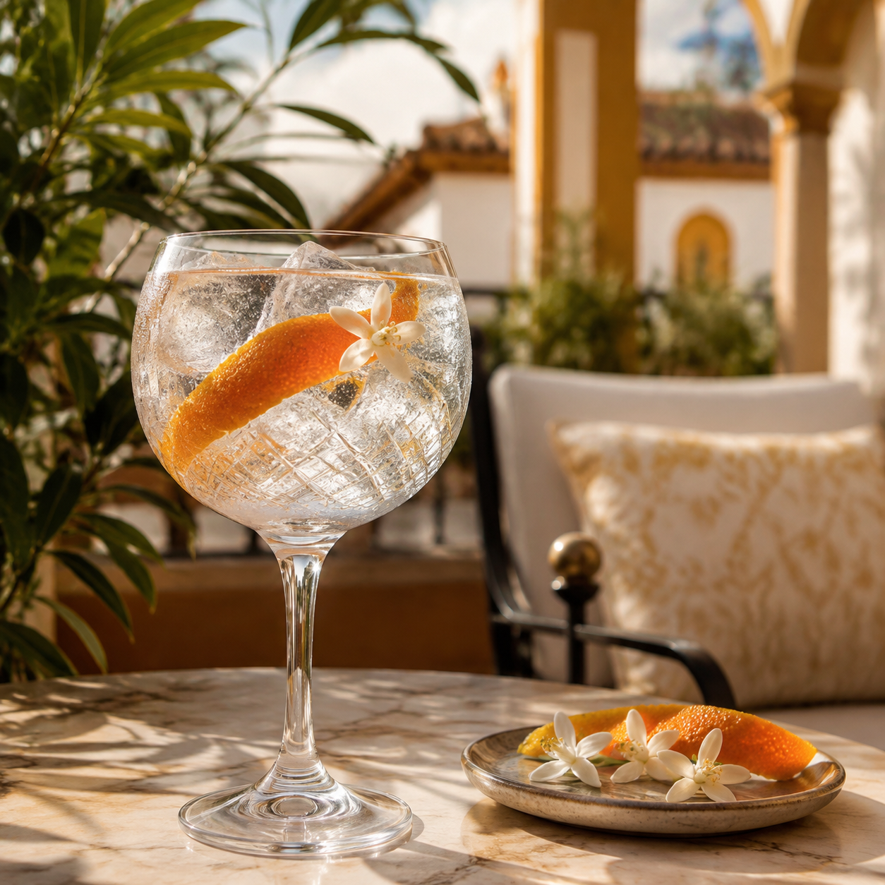 Larios 12 served with Fever-Tree Mediterranean Tonic Water, garnished with Orange peel and Edible orange blossom