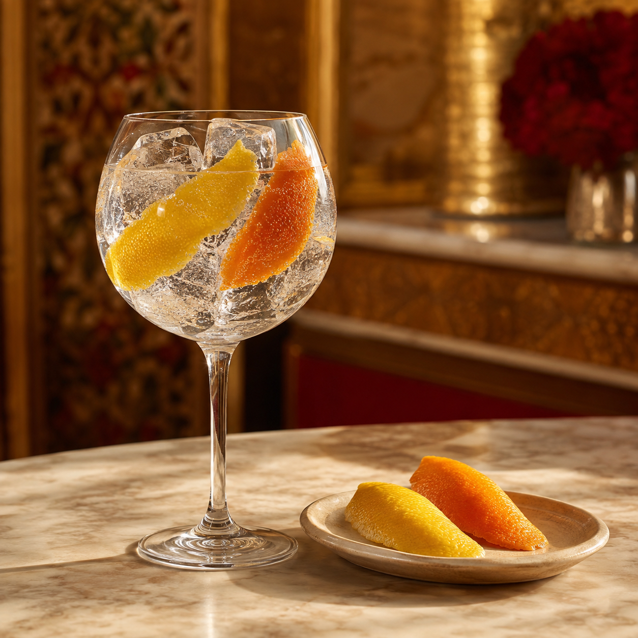 Larios London Dry served with Fever-Tree Mediterranean Tonic Water, garnished with Lemon peel and Orange peel