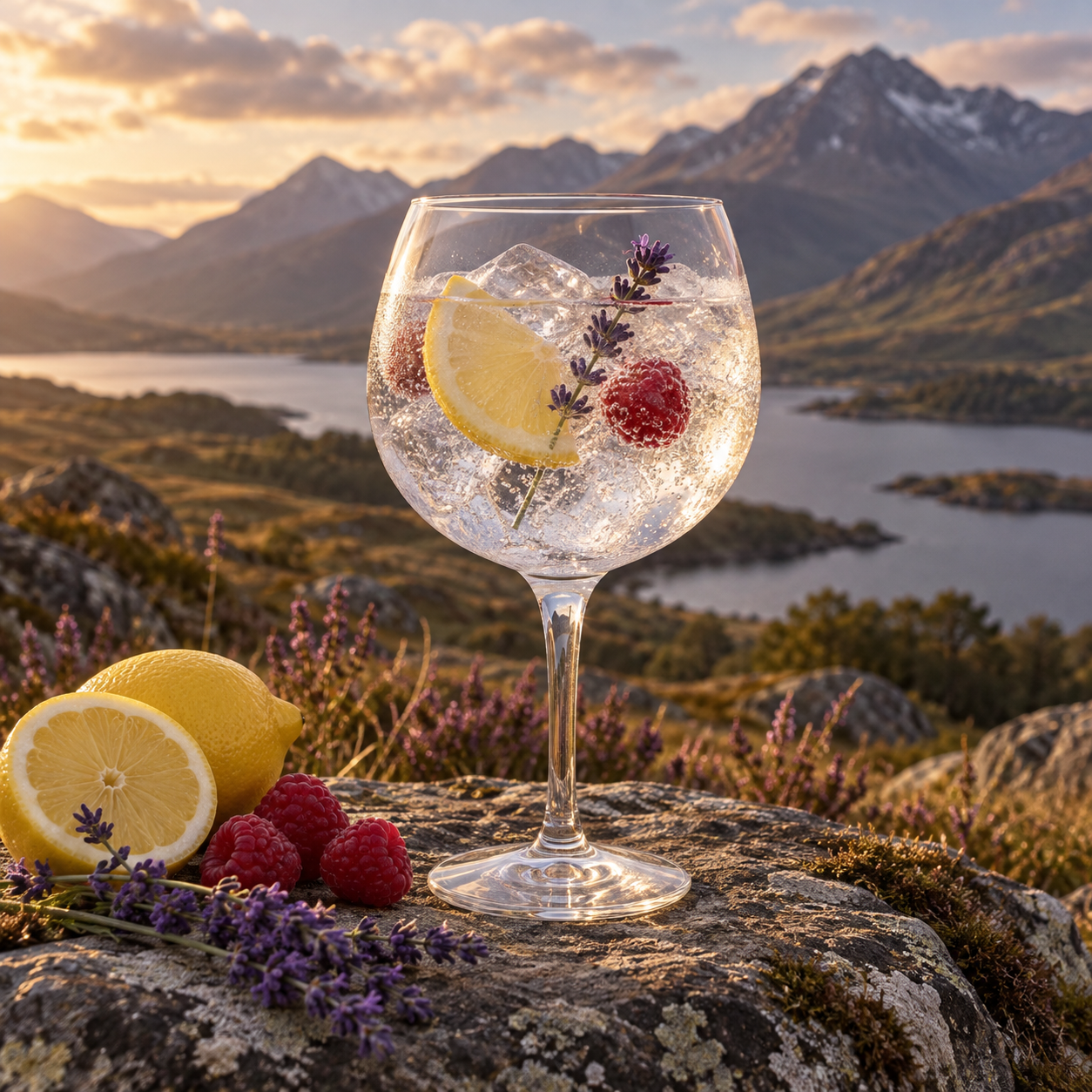 Nose of the Fairy Hill Gin served with Fever-Tree Indian Tonic Water, garnished with Lemon slice and Raspberry