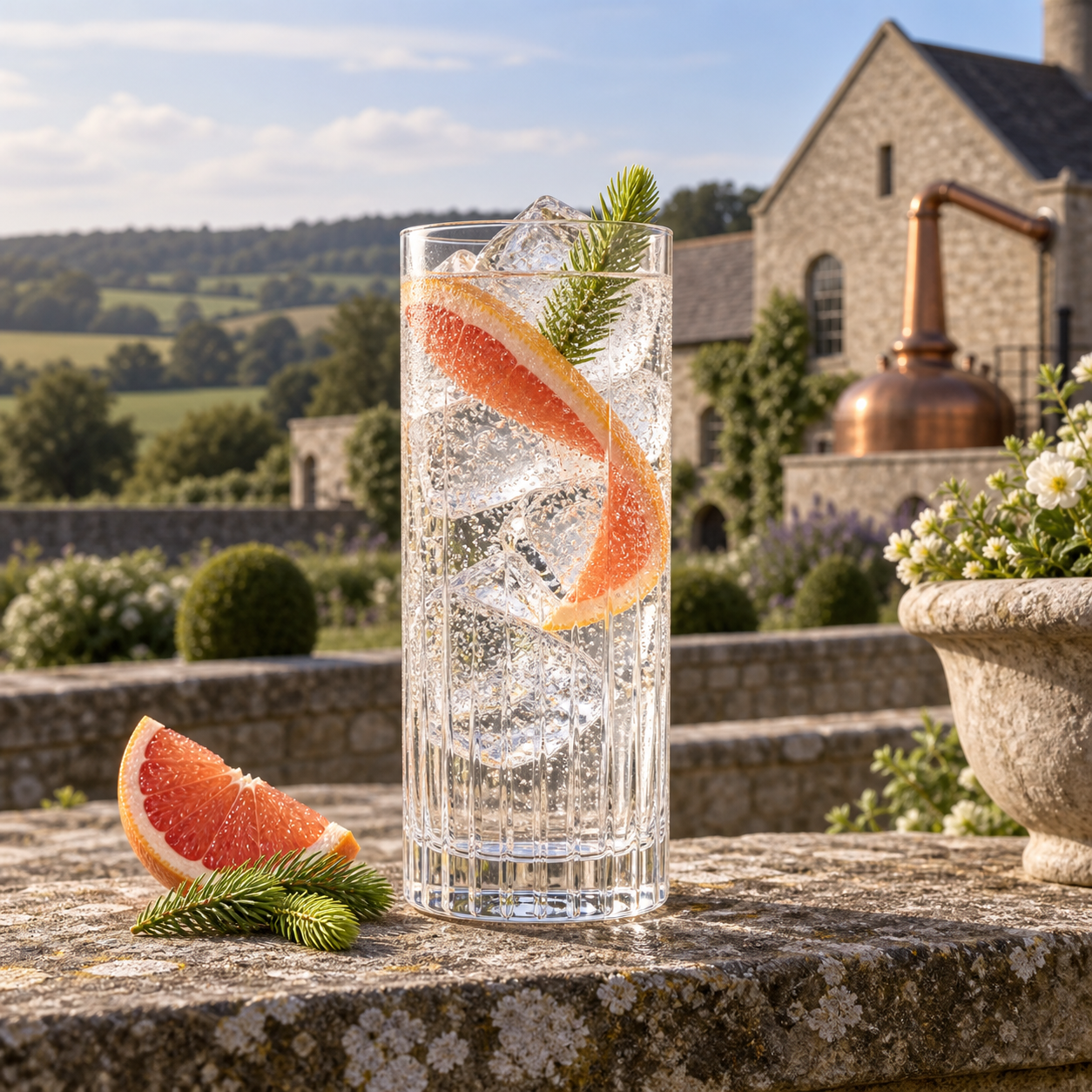 Steeplechase Signature London Dry Gin served with Fever-Tree Indian Tonic Water, garnished with Grapefruit peel and Spruce tip