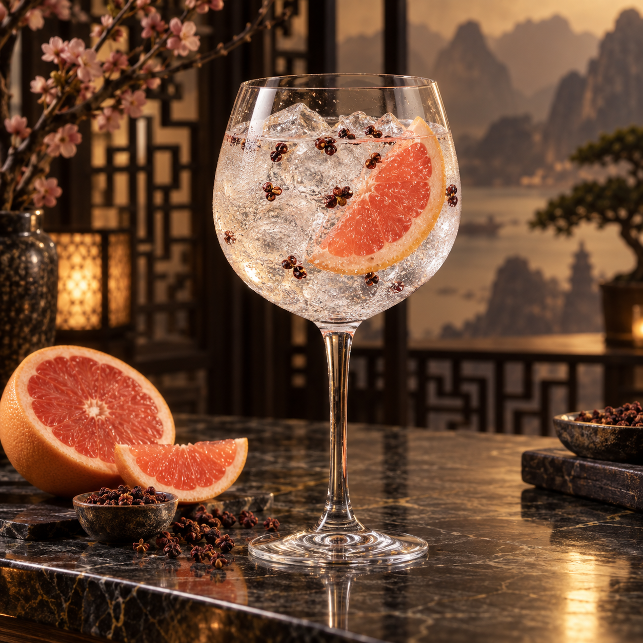 Batch Buddha's Hand Gin served with Fever-Tree Indian Tonic Water, garnished with Pink grapefruit slice and Sichuan peppercorns
