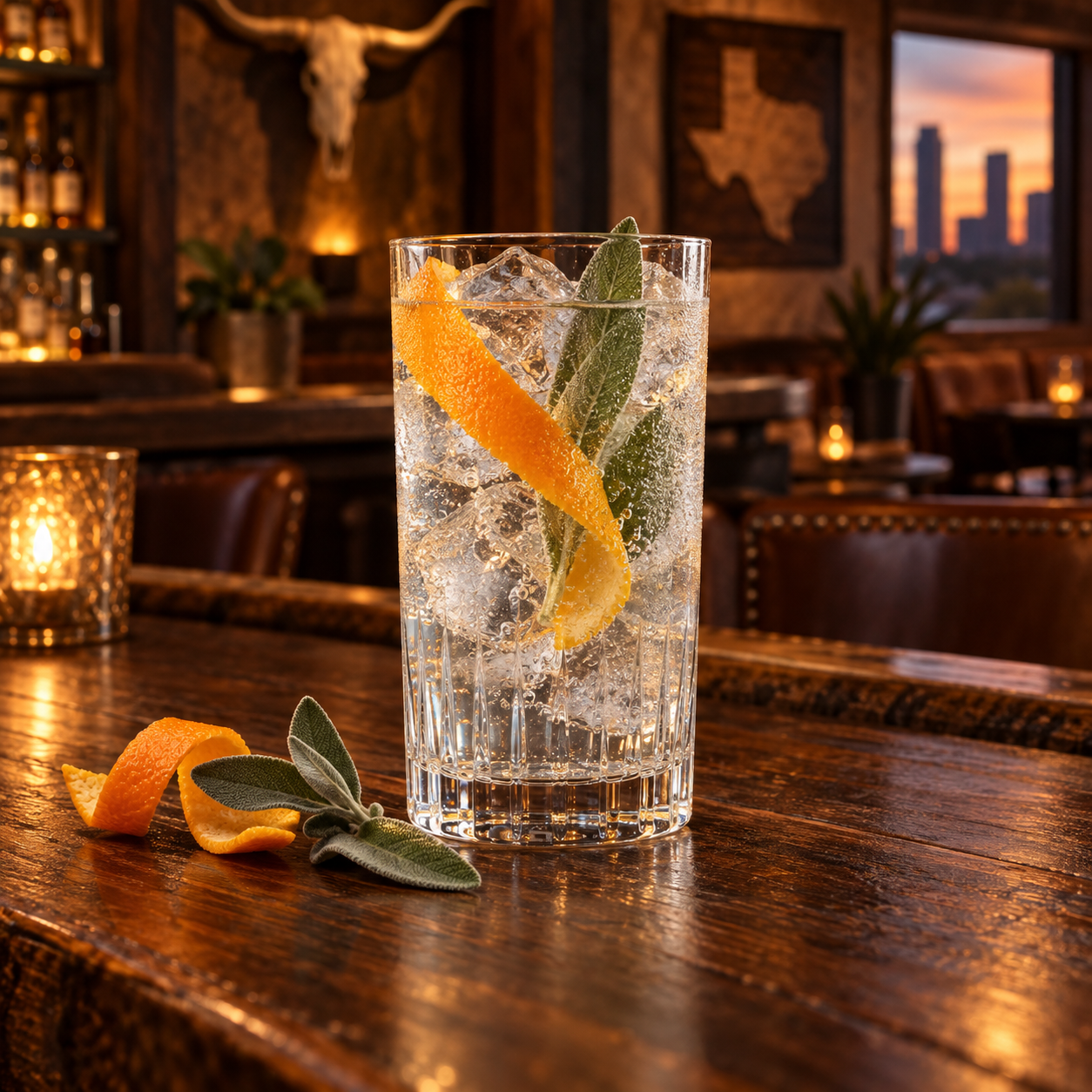 Devil's Grin Texas Gin served with Fever-Tree Indian Tonic Water, garnished with Orange peel and Sage leaf