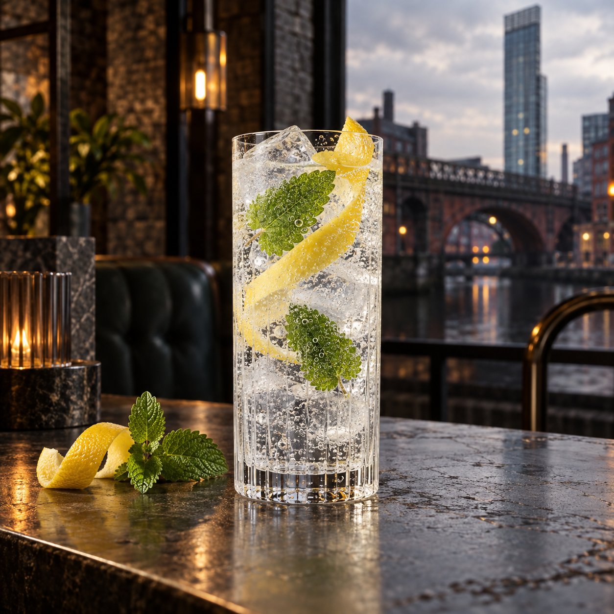 Salford Original Dry Gin served with Fever-Tree Indian Tonic Water, garnished with Lemon peel and Lemon balm