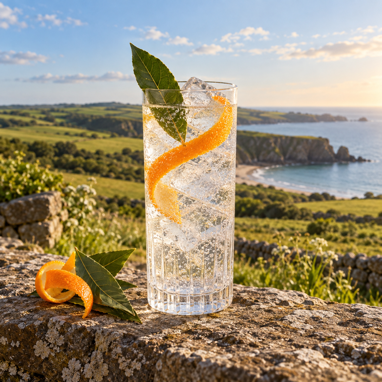 Golden Road Dry Gin served with Fever-Tree Indian Tonic Water, garnished with Bay leaf and Orange peel