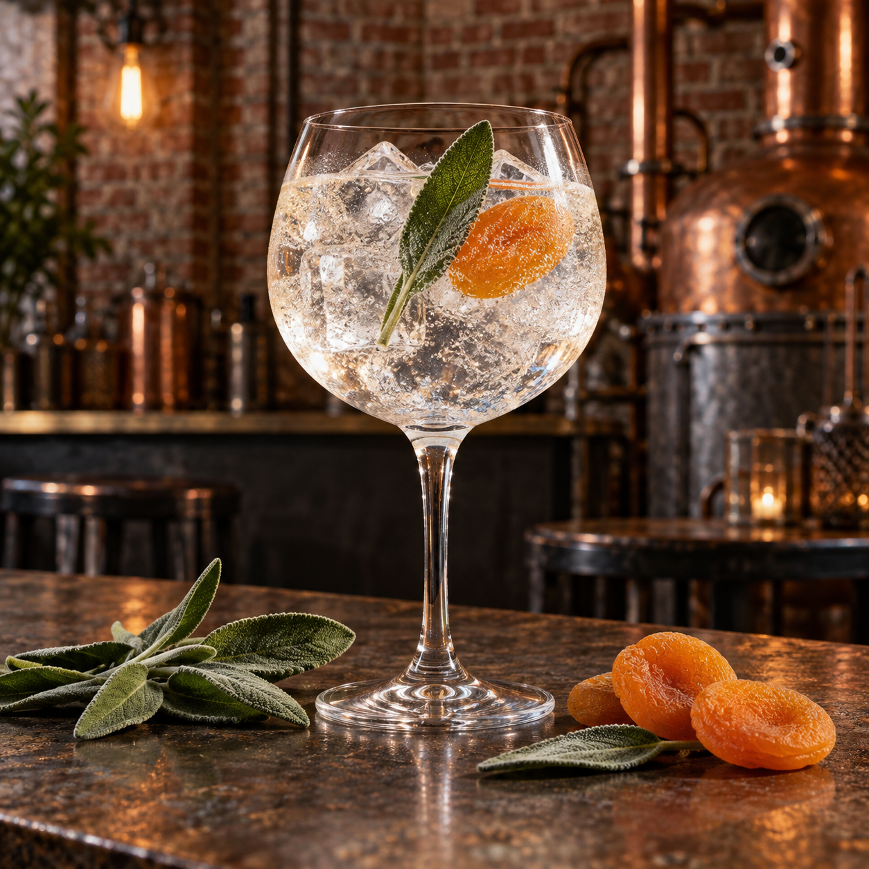 Batch Industrial Strength Gin served with Fever-Tree Indian Tonic Water, garnished with Sage leaf and Dried apricot
